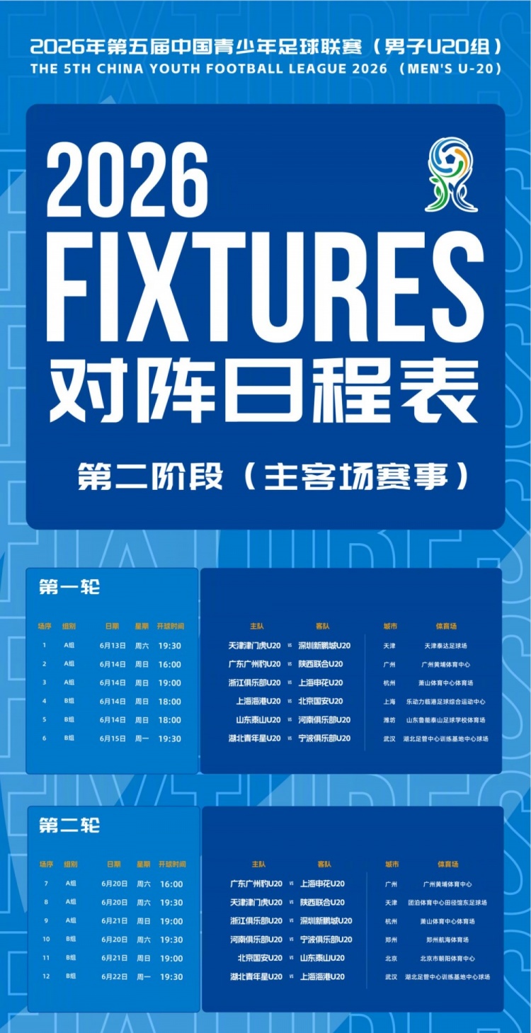 北京国安U20第二阶段主客场赛程公布,抖音全程直播