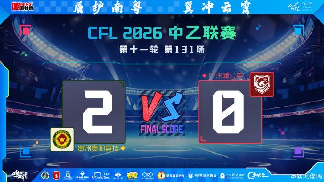 冯轶梵角球头槌 刘宇杰单刀锁胜 贵州贵阳竞技主场2-0完胜广州蒲公英