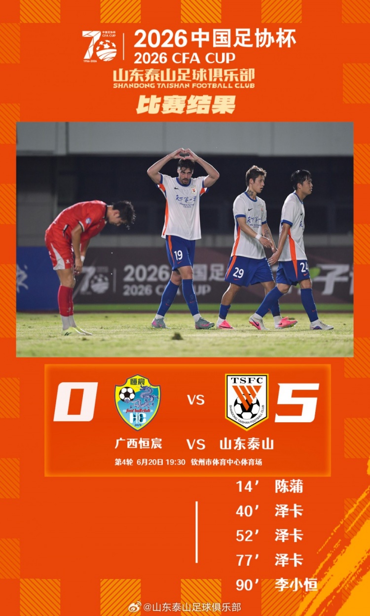 山东泰山5-0横扫广西恒宸 泽卡戴帽陈蒲李小恒建功 山东泰山5-0横扫广西恒宸 泽卡戴帽陈蒲李小恒建功