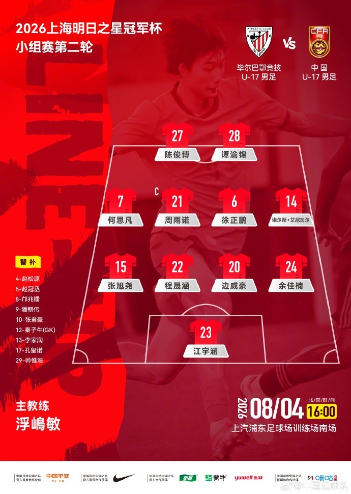 U17国足公布明日之星冠军杯次轮首发 迎战毕尔巴鄂竞技U17 U17国足公布明日之星冠军杯次轮首发 迎战毕尔巴鄂竞技U17