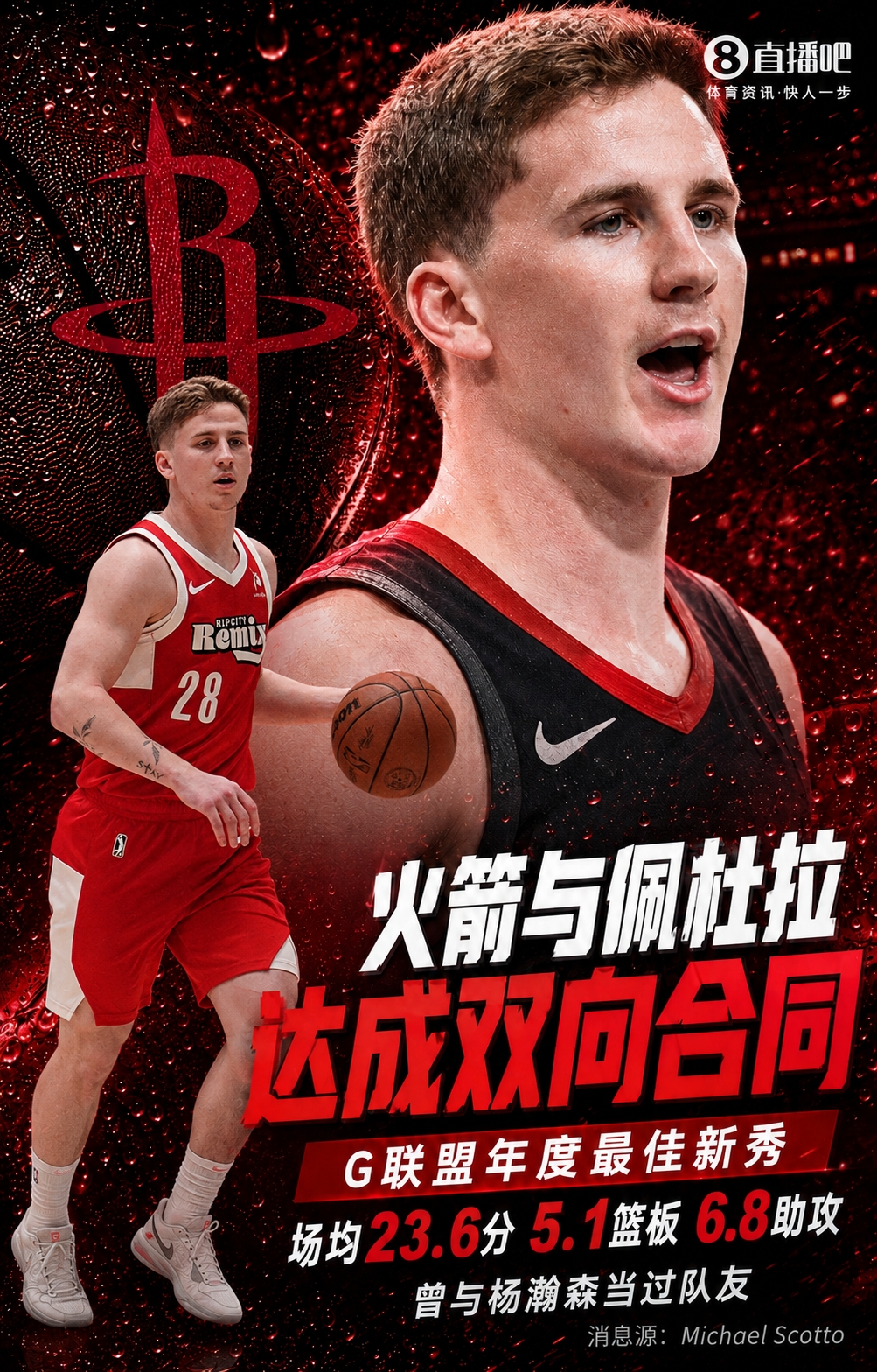 火箭双向合同签下G联盟年度最佳新秀佩杜拉